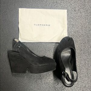 Robert Clergerie Black Suede Platform Slingback Wedges